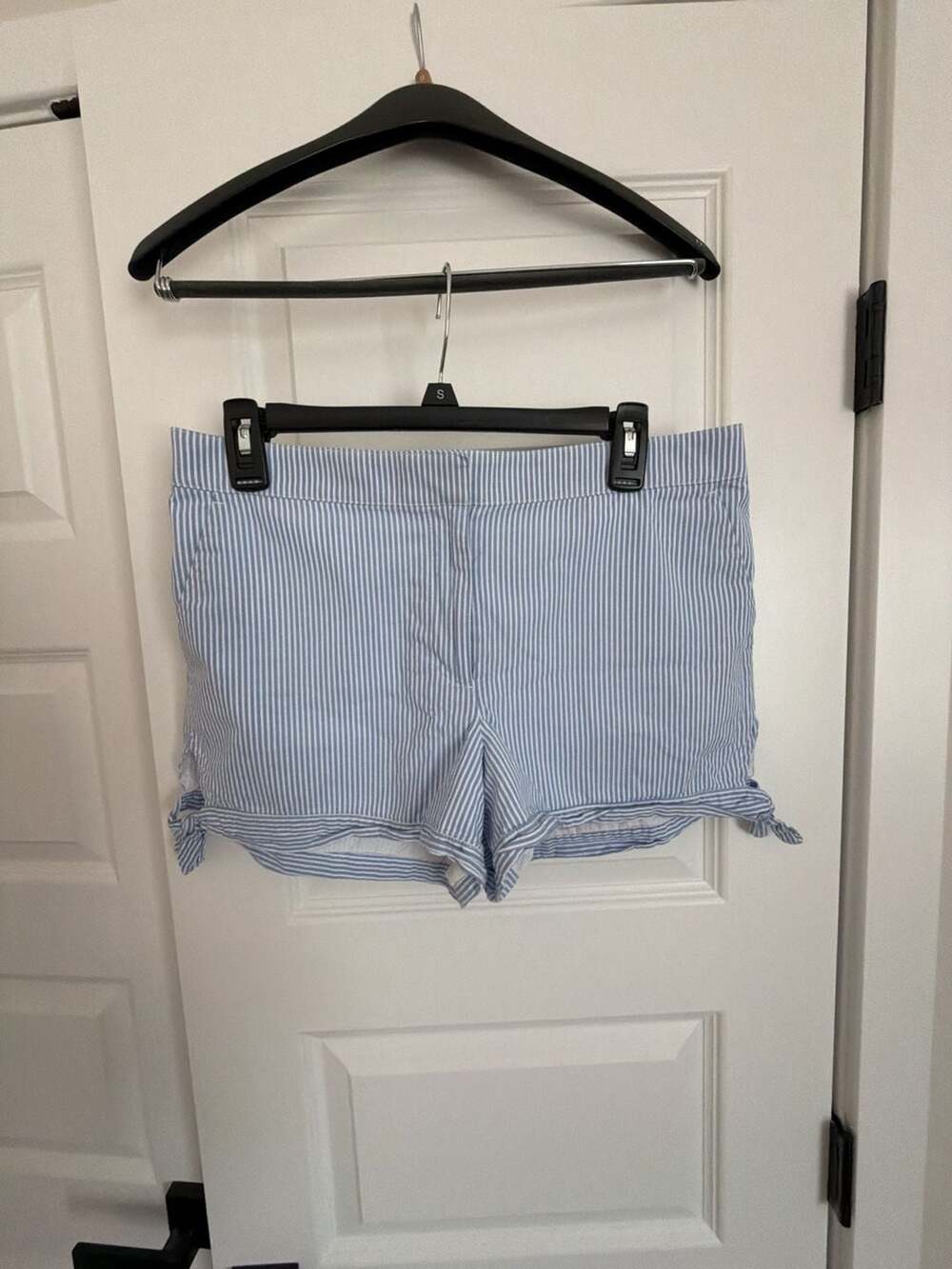 LOFT Ann Taylor Blue and White Pinstripe Seersucker Shorts with Side Tie Detail